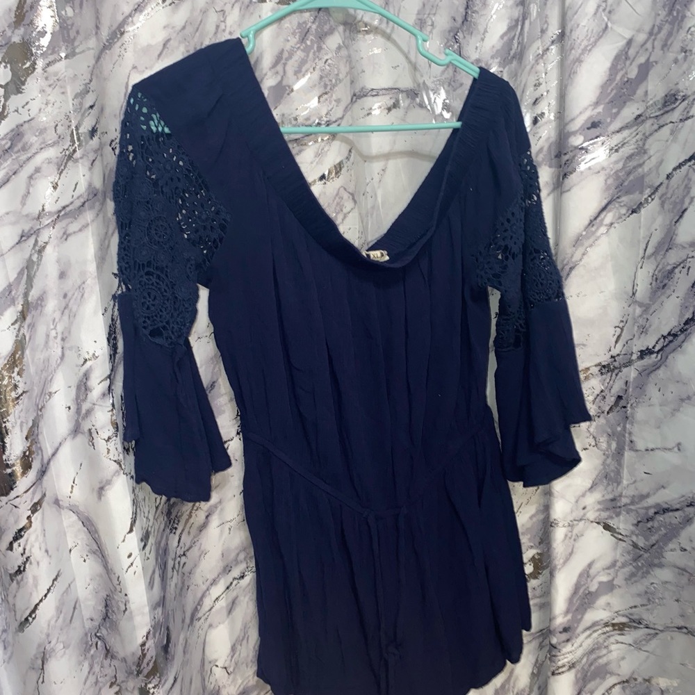 Blue Off the Shoulder Romper with Lace & Flared Sleeves